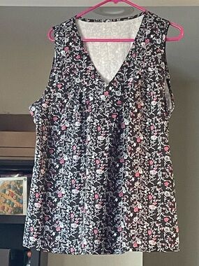 Black Floral V-Neck Sleeveless Blouse with Pink Accents